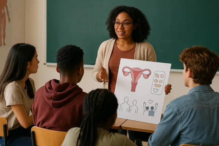 Image of teenagers in a classroom learning about reproductive health from an instructor using visual aids.