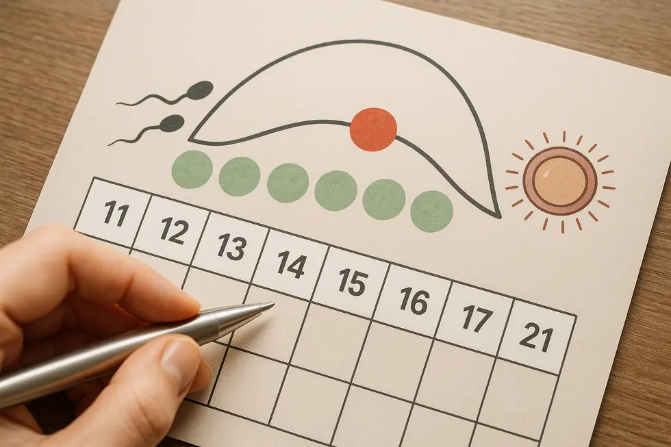 A diagram of the menstrual cycle highlighting fertile window days and the ovulation process.