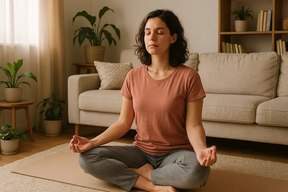 A serene image of a mom practicing yoga in her living room, emphasizing self-care.