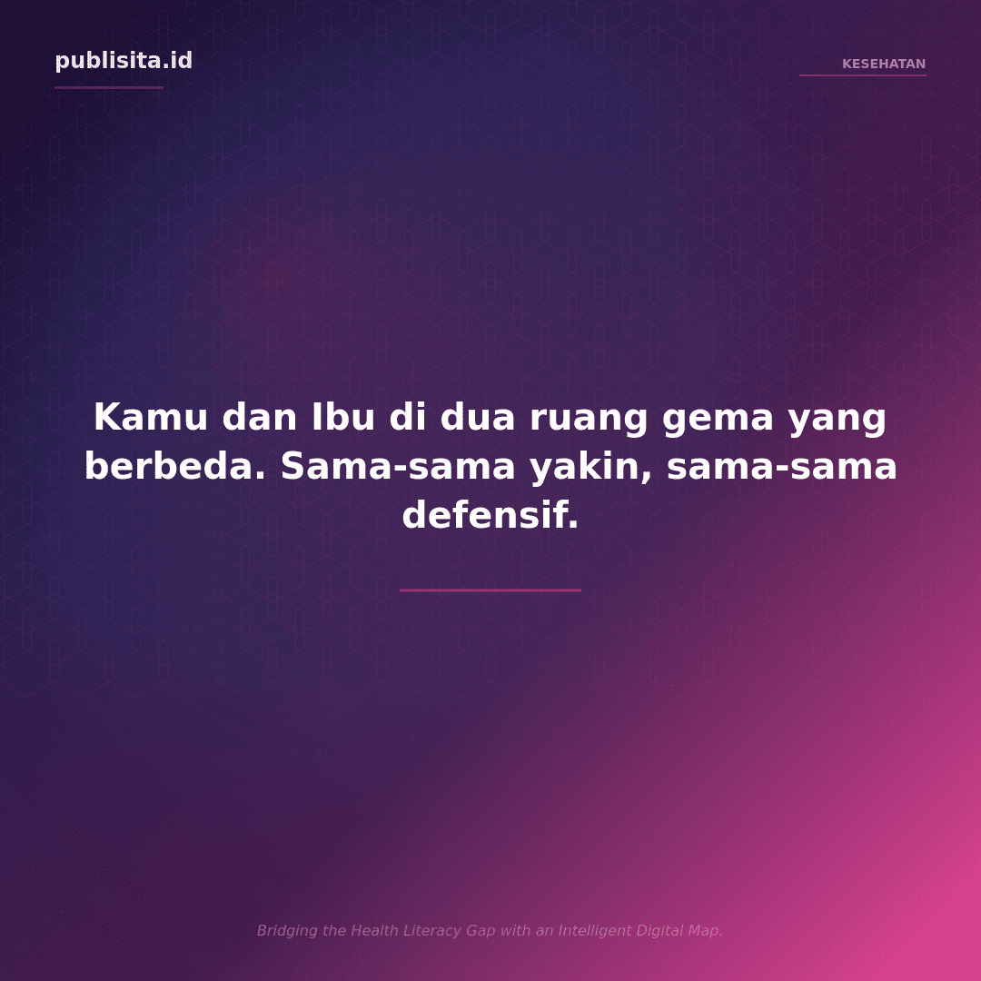 Ilustrasi echo chamber di grup keluarga - Ibu dan anak di dua ruang gema digital yang berbeda