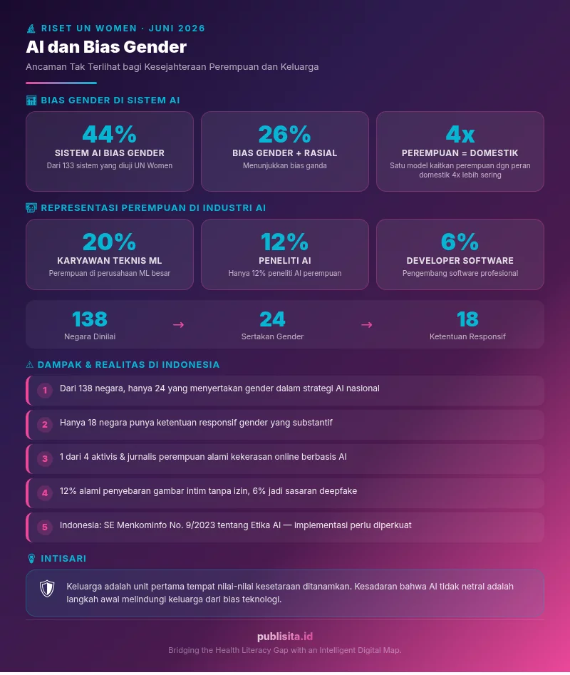 Infografik AI dan Bias Gender - Data UN Women 2026: 44 persen sistem AI bias gender, 26 persen bias ganda, dampak pada keluarga Indonesia
