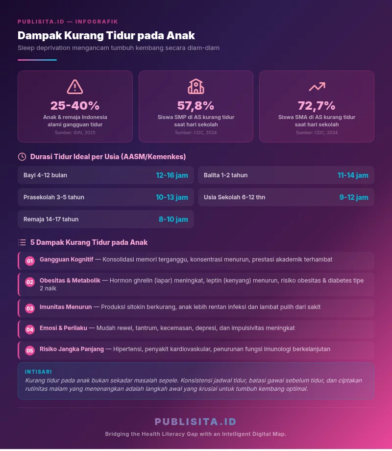 Infografik dampak kurang tidur pada anak dengan data IDAI, CDC, AASM, dan Kemenkes dilengkapi ikon Iconify