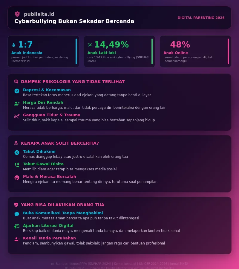 Infografik data cyberbullying remaja Indonesia, dampak psikologis korban perundungan daring dan peran orang tua - Publisita