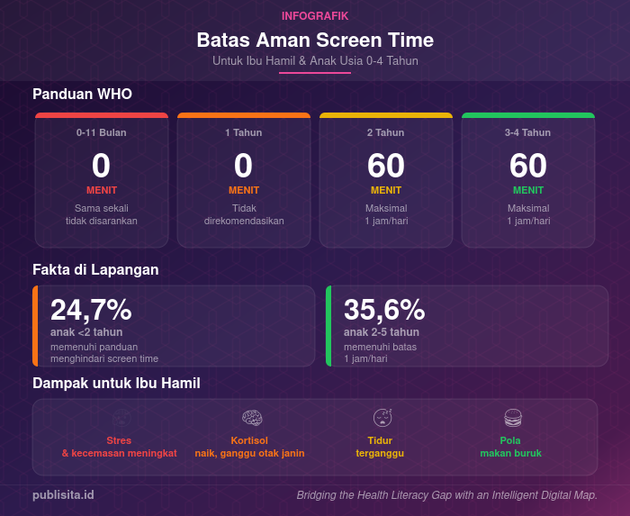 Infografik batas aman screen time untuk ibu hamil dan batita berdasarkan panduan WHO